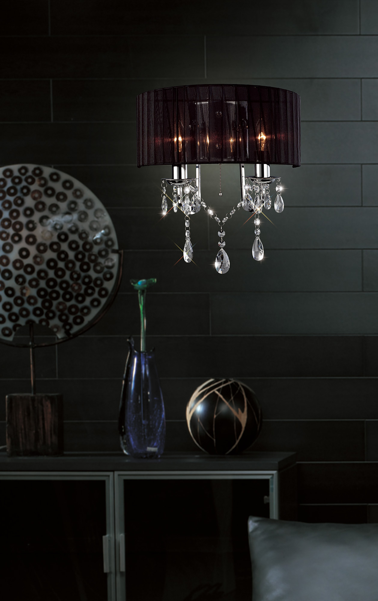 Olivia Polished Chrome-Black Crystal Wall Lights Diyas Shaded Wall Lights